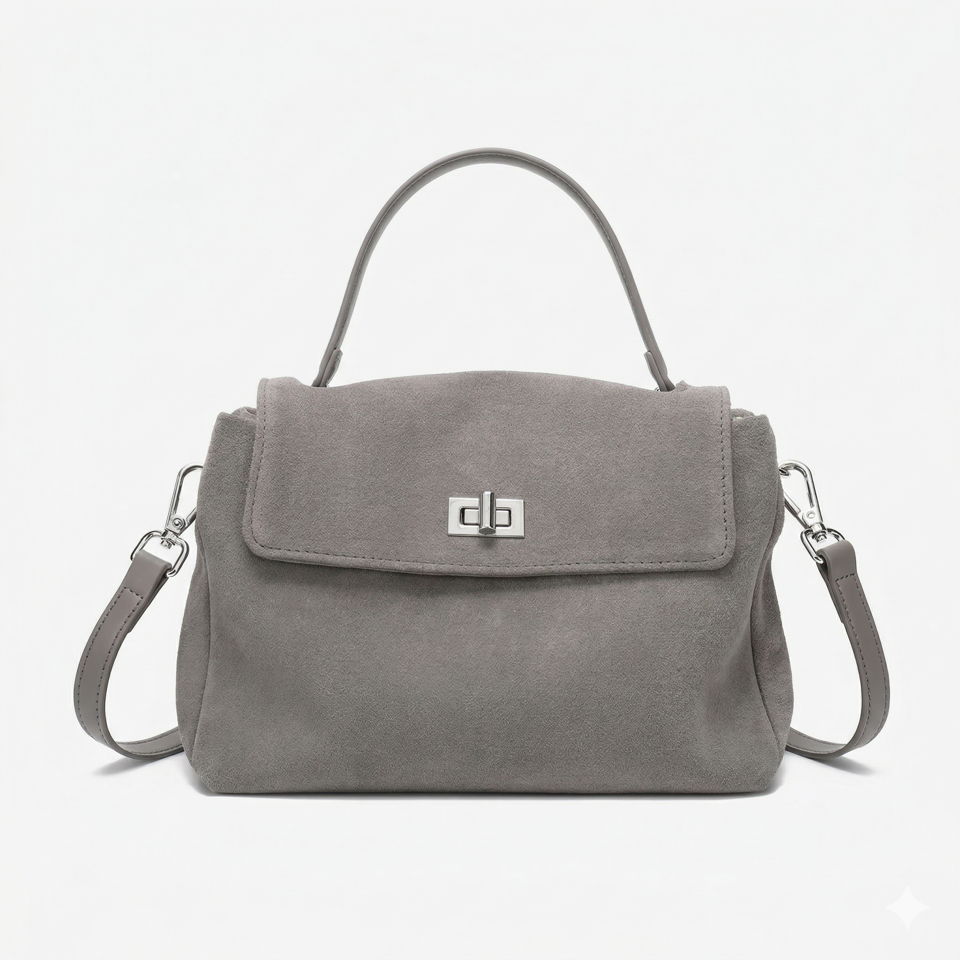 Gray handbag with a silver clasp on a white background