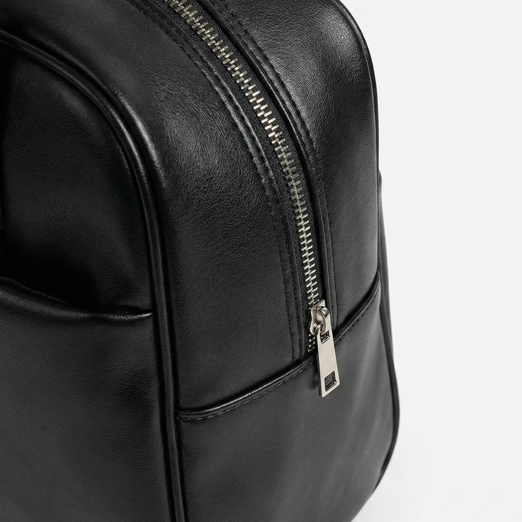 Close-up of a black leather backpack with a zipper on a white background