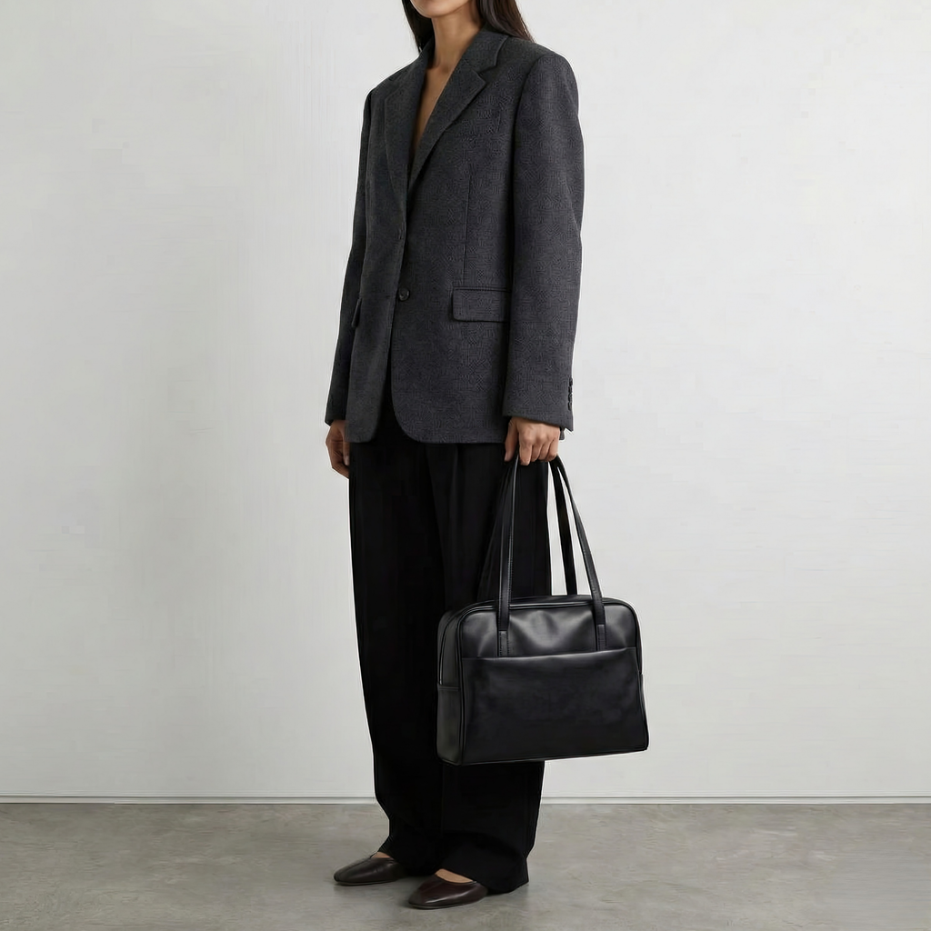 Person wearing a dark gray blazer and black pants holding a black leather bag against a plain background