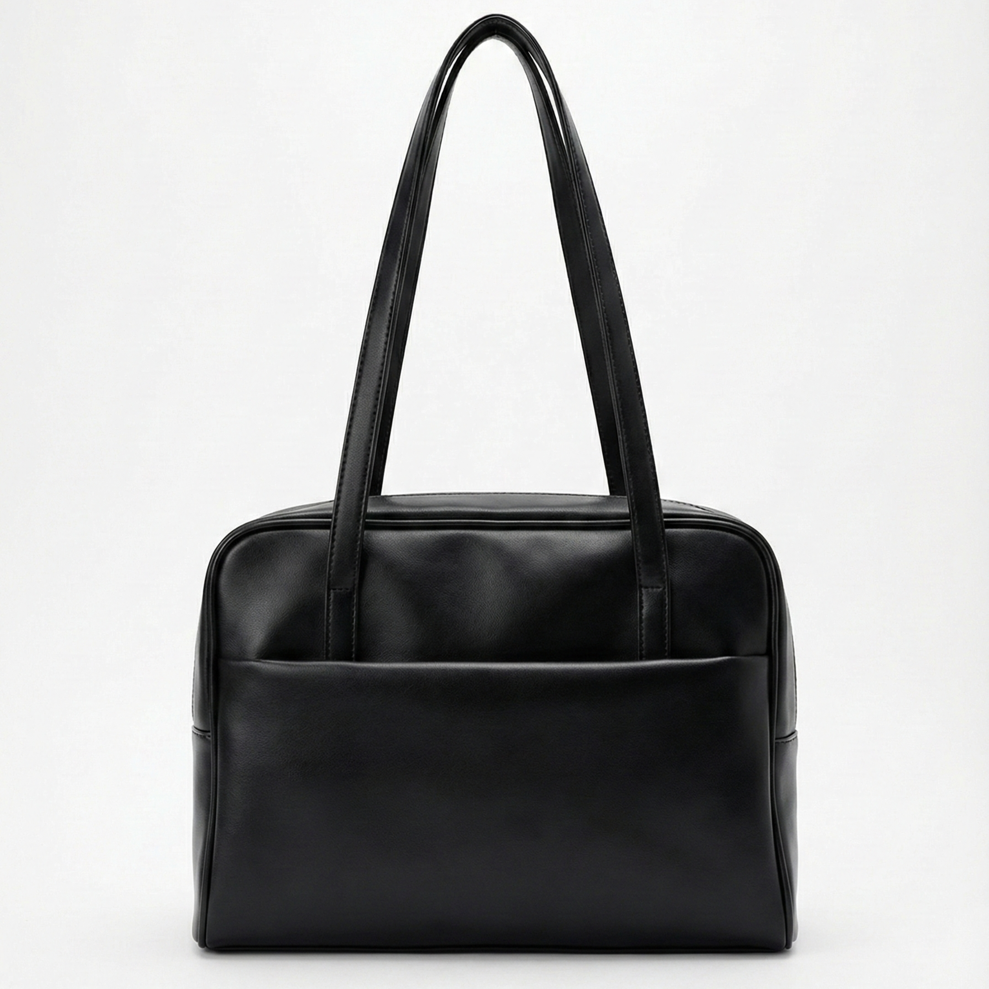 Black PU leather handbag on a white background