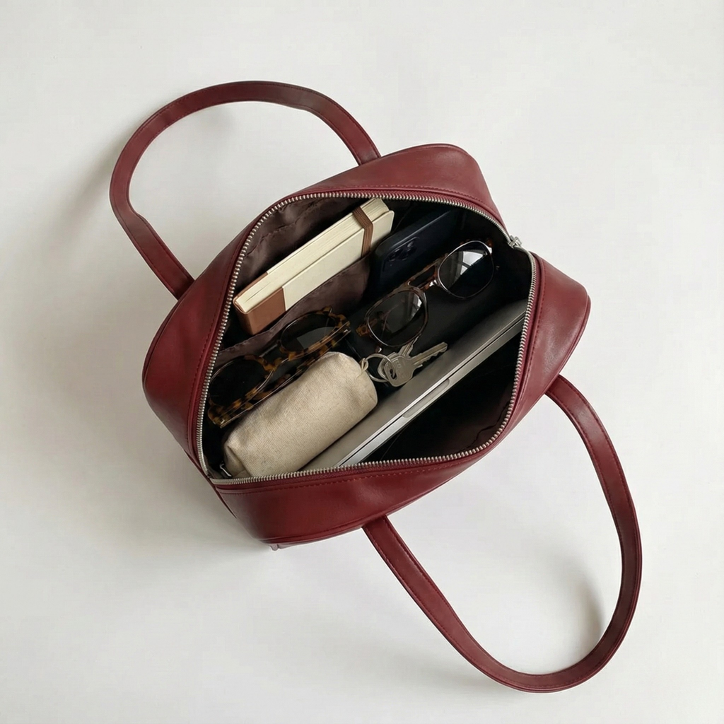 wine red leather handbag with items inside on a white background