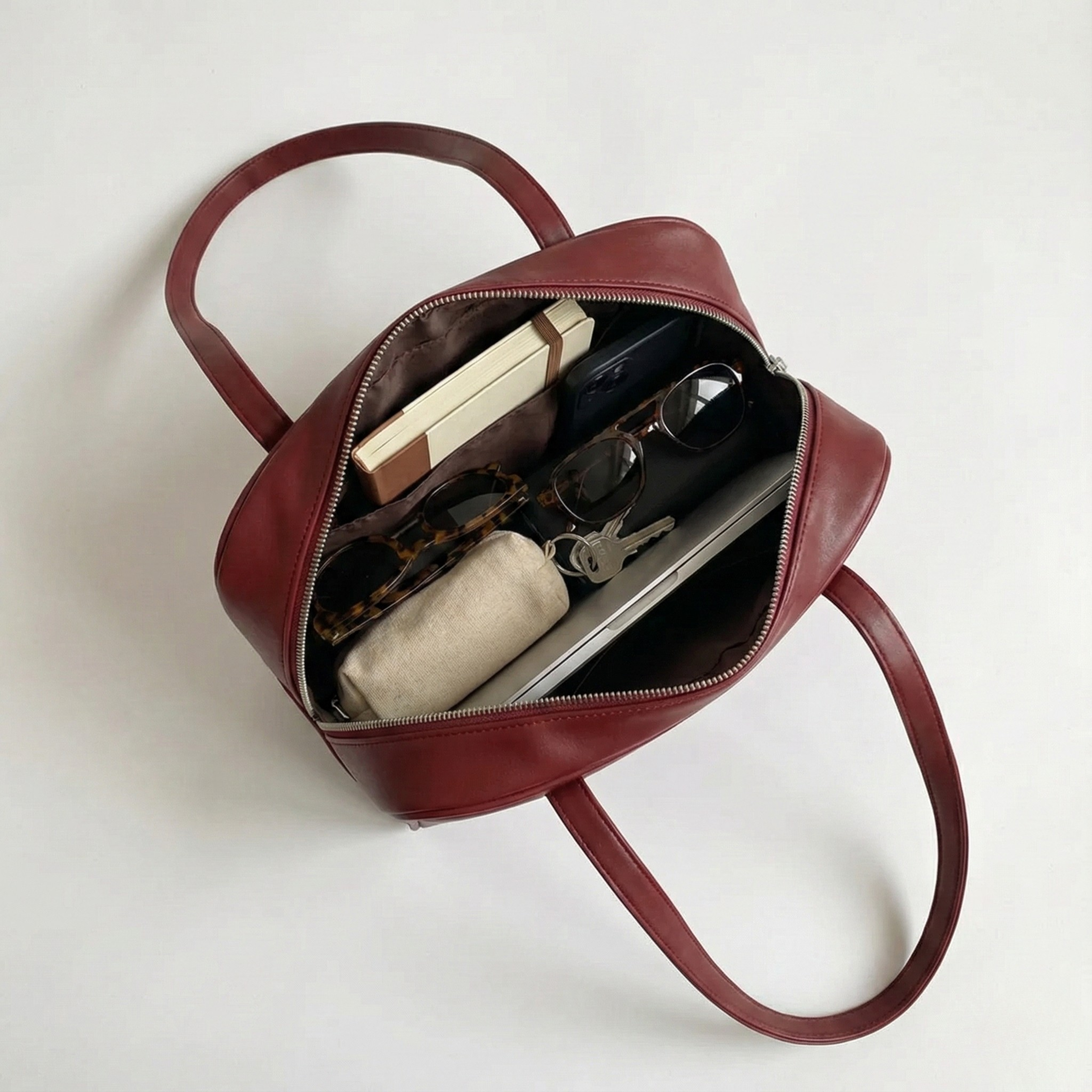wine red leather handbag with items inside on a white background