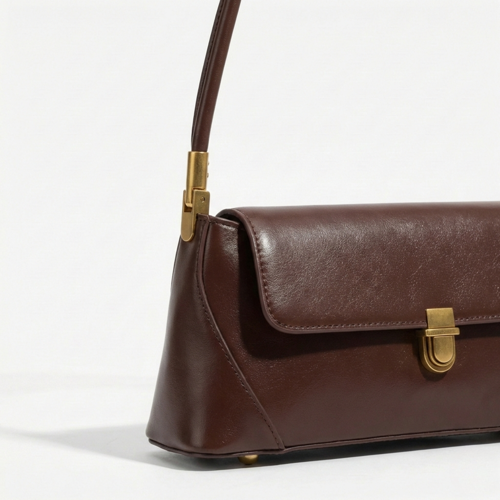 Brown leather baguette with gold hardware on a white background