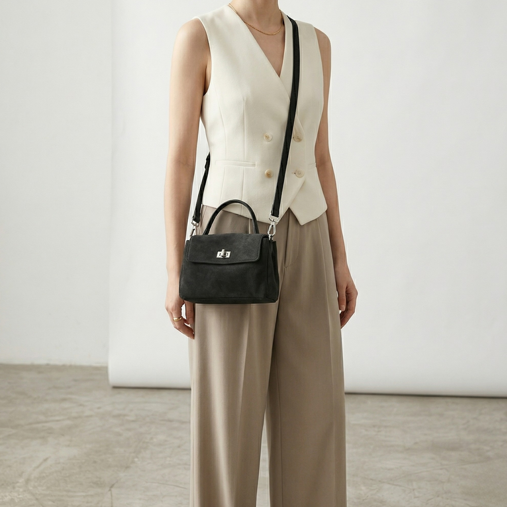 Person wearing a white sleeveless top and beige pants with a black handbag on a plain background