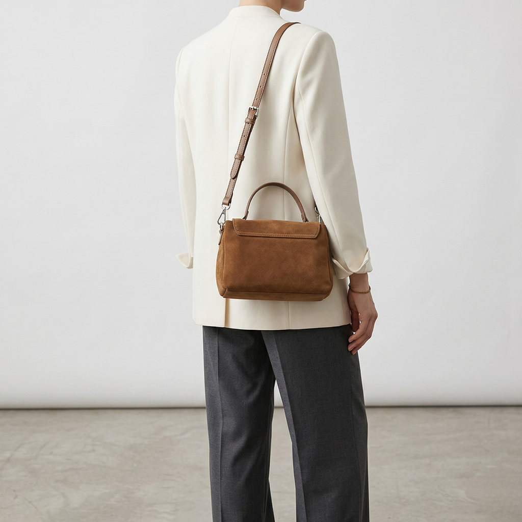 Person wearing a brown leather handbag over one shoulder against a plain background