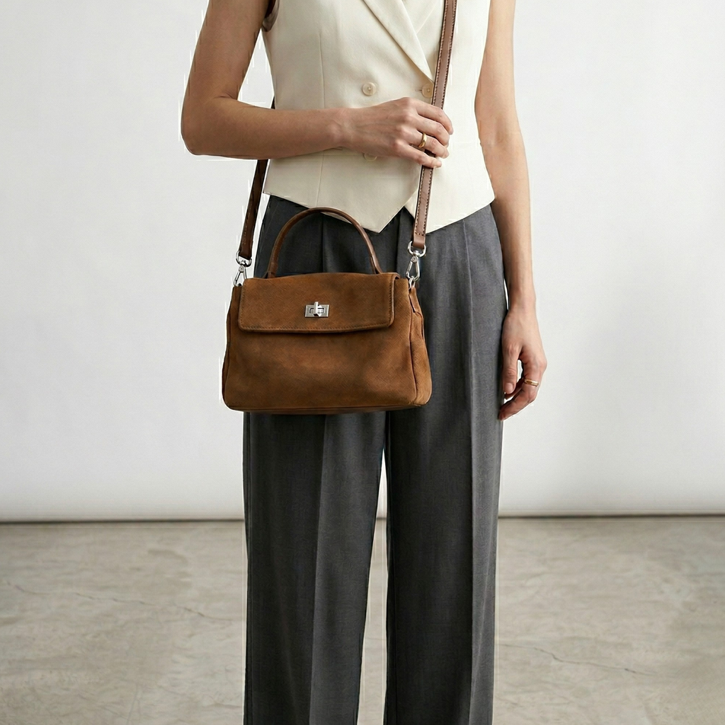 Person holding a brown leather handbag against a plain background