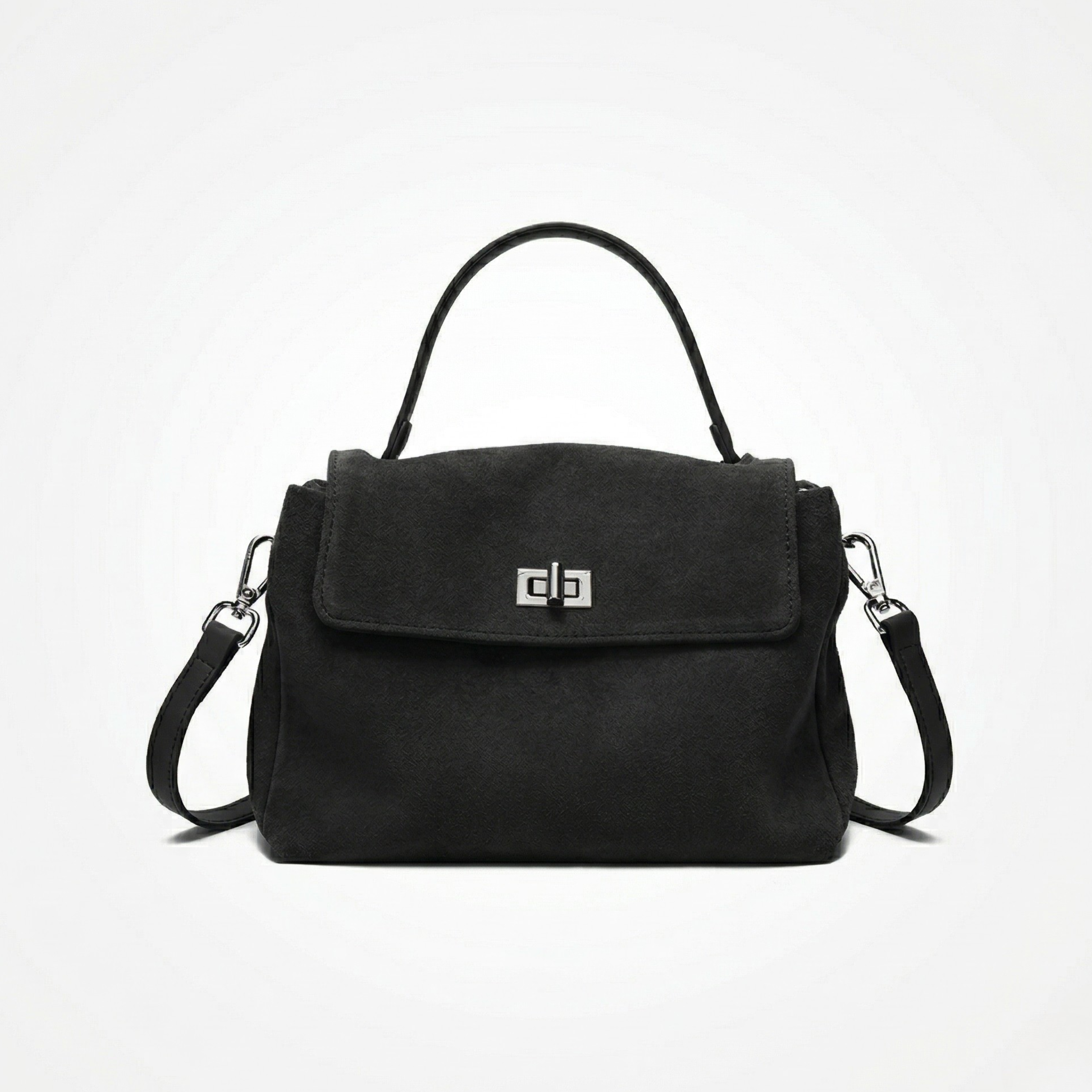 Black handbag with a visible brand logo on a white background