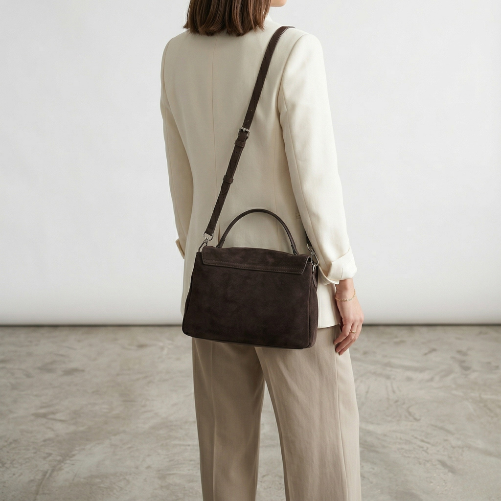Person wearing a brown leather handbag over one shoulder against a plain background