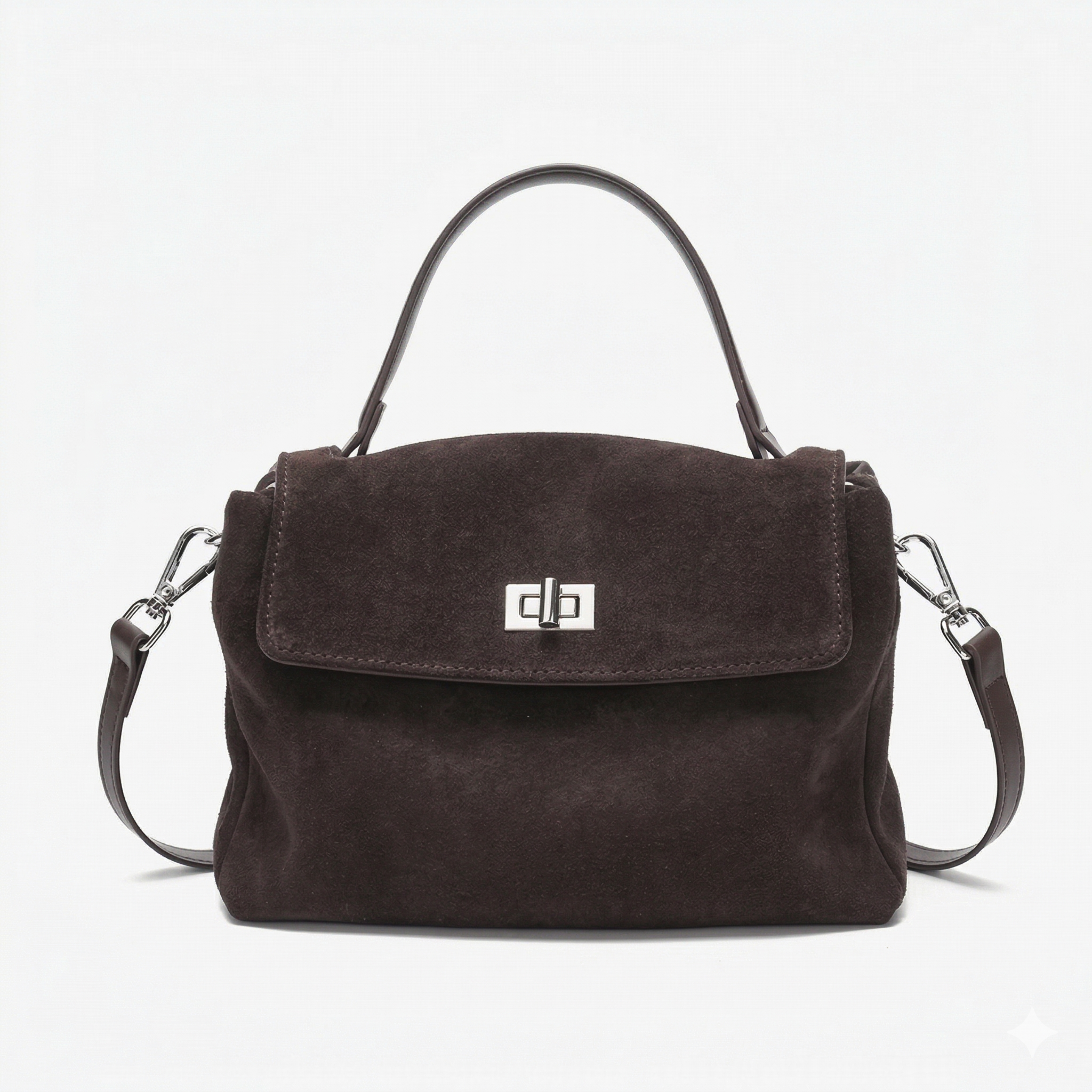 Brown handbag with a visible brand logo on a white background